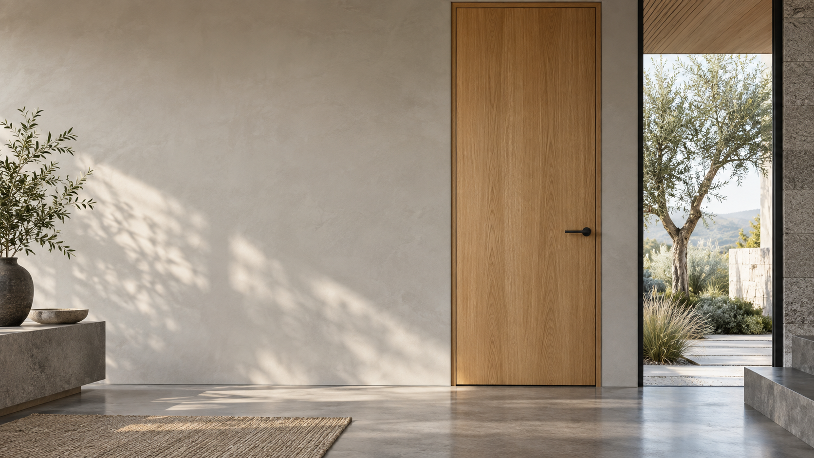 Contemporary flush oak timber door in a refined architectural interior
